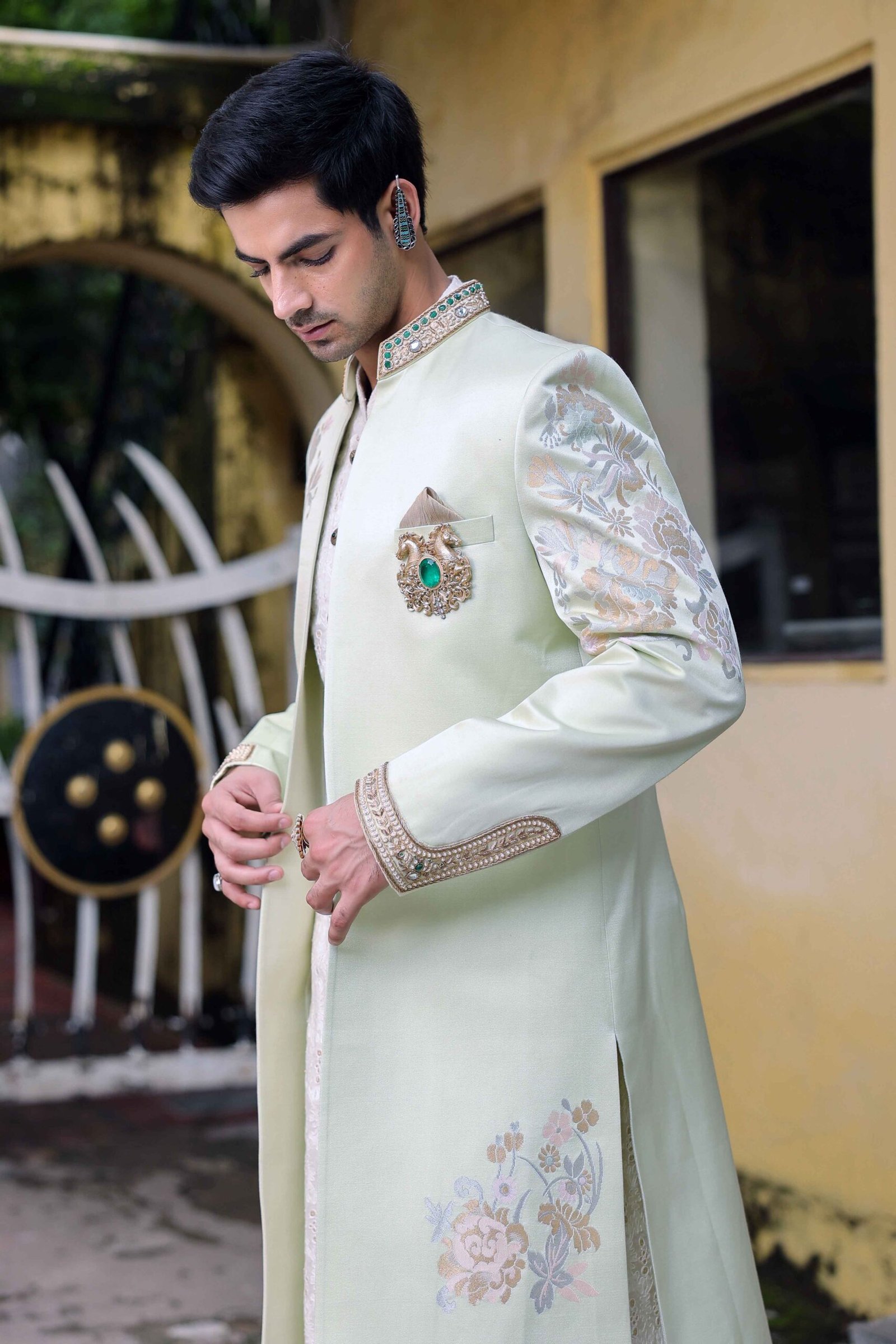 The after heir pistachio-ivory sherwani - Image 5