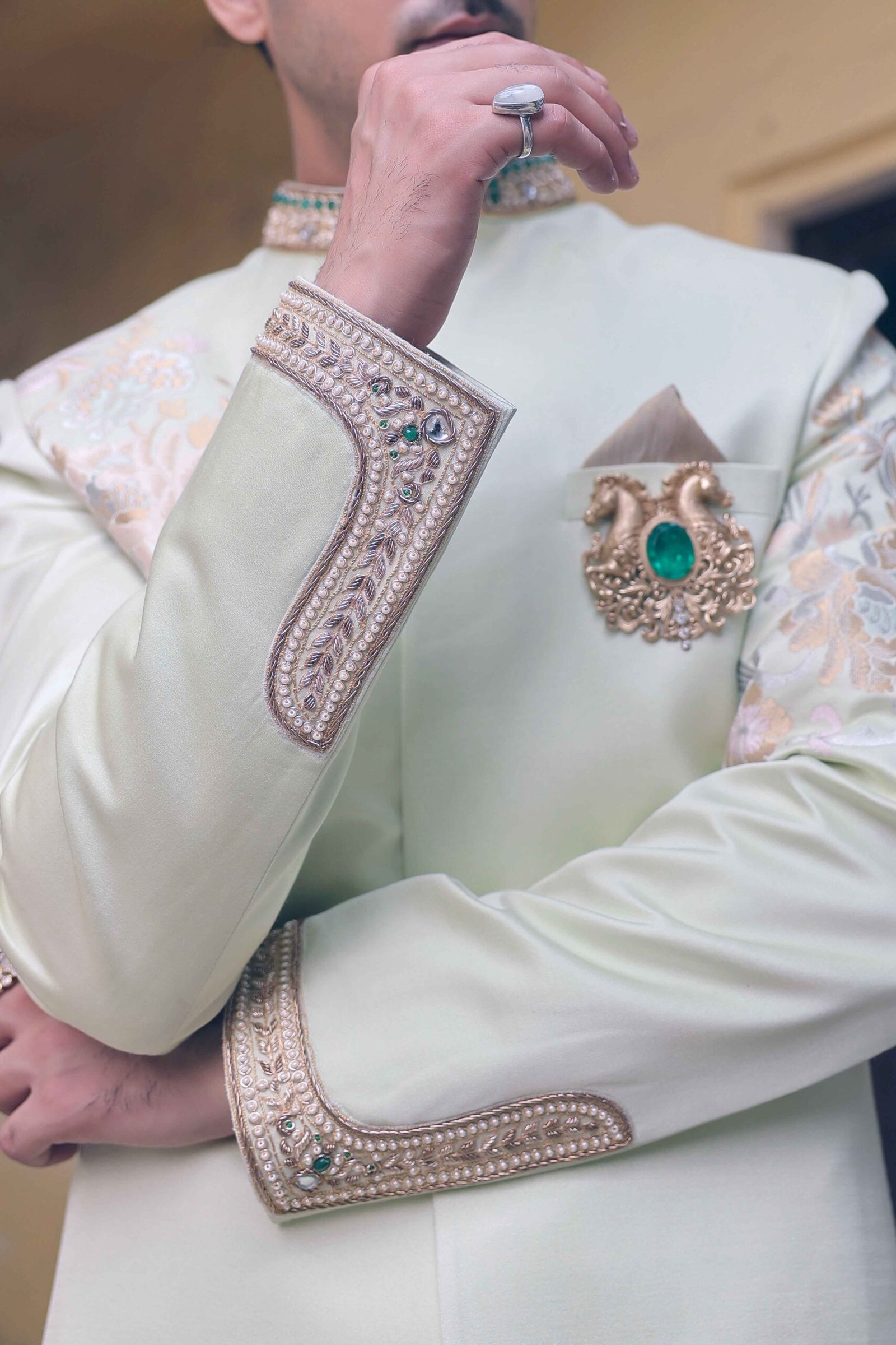 The after heir pistachio-ivory sherwani - Image 4